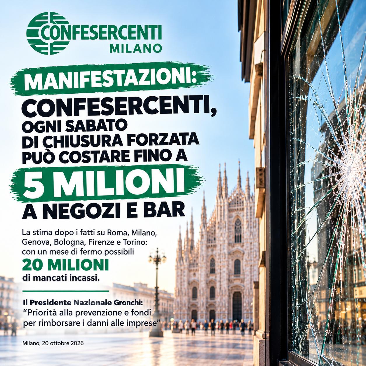 MANIFESTAZIONI: CONFESERCENTI, OGNI SABATO DI CHIUSURA FORZATA PUÒ COSTARE FINO A 5 MILIONI A NEGOZI E BAR